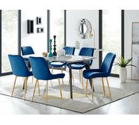 Furniturebox Andria Black Leg Marble Effect Dining Table And 6 Navy Pesaro Gold Leg Chairs
