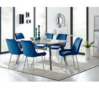 Furniturebox Andria Black Leg Marble Effect Dining Table And 6 Navy Pesaro Silver Leg Chairs