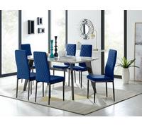 FurnitureboxUK Andria Marble Effect Dining Table With Black Legs & 6 Milan Velvet Black Leg Chairs in Navy FurnitureboxUK Navy