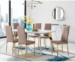 Furniturebox Andria Marble Effect Black Leg 6 Seater Dining Table With Gold Leg Beige Faux Leather Milan Chairs For Luxury Modern Dining Room
