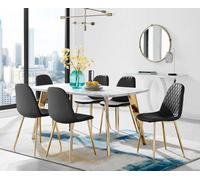 Furniturebox Andria White Marble Effect & Gold Leg Dining Table & 6 Black Corona Gold Leg Faux Leather Chairs