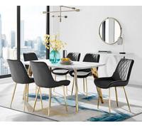 Furniturebox Andria White Marble Effect & Gold Leg Dining Table & 6 Black Pesaro Gold Leg Velvet Dining Chairs
