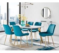 Furniturebox Andria White Marble Effect & Gold Leg Dining Table & 6 Blue Pesaro Gold Leg Velvet Dining Chairs