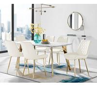Furniturebox Andria White Marble Effect & Gold Leg Dining Table & 6 Cream Pesaro Gold Leg Velvet Dining Chairs