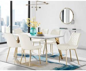 Furniturebox Andria White Marble Effect & Gold Leg Dining Table & 6 Cream Pesaro Gold Leg Velvet Dining Chairs