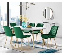 Furniturebox Andria White Marble Effect & Gold Leg Dining Table & 6 Green Pesaro Gold Leg Velvet Dining Chairs