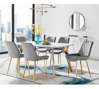Furniturebox Andria White Marble Effect & Gold Leg Dining Table & 6 Grey Pesaro Gold Leg Velvet Dining Chairs