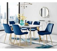 Furniturebox Andria White Marble Effect & Gold Leg Dining Table & 6 Navy Pesaro Gold Leg Velvet Dining Chairs