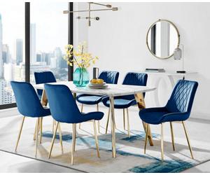 Furniturebox Andria White Marble Effect & Gold Leg Dining Table & 6 Navy Pesaro Gold Leg Velvet Dining Chairs