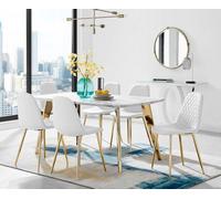 Furniturebox Andria White Marble Effect & Gold Leg Dining Table & 6 White Corona Gold Leg Faux Leather Chairs