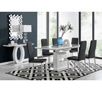 Furniturebox Arezzo White High Gloss Extending Dining Table & 6 Black Milan Faux Leather Dining Chairs