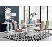 Furniturebox Arezzo White High Gloss Extending Dining Table & 6 Cappuccino Beige Milan Faux Leather Dining Chairs