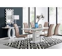 Furniturebox Arezzo White High Gloss Extending Dining Table & 6 Cappuccino Beige Murano Faux Leather Dining Chairs