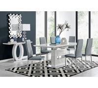 Furniturebox Arezzo White High Gloss Extending Dining Table & 6 Elephant Grey Milan Faux Leather Dining Chairs