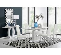Furniturebox Arezzo White High Gloss Extending Dining Table & 6 White Milan Faux Leather Dining Chairs