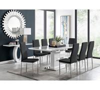 Furniturebox Arezzo White High Gloss Extending Dining Table & 8 Black Milan Faux Leather Dining Chairs
