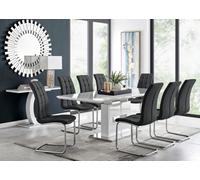 Furniturebox Arezzo White High Gloss Extending Dining Table & 8 Black Murano Faux Leather Dining Chairs