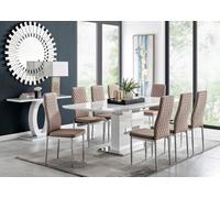 Furniturebox Arezzo White High Gloss Extending Dining Table & 8 Cappuccino Beige Milan Faux Leather Dining Chairs