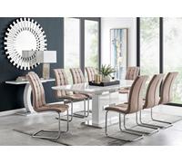 Furniturebox Arezzo White High Gloss Extending Dining Table & 8 Cappuccino Beige Murano Faux Leather Dining Chairs
