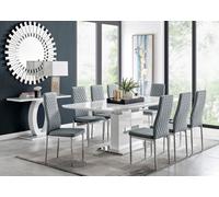 Furniturebox Arezzo White High Gloss Extending Dining Table & 8 Elephant Grey Milan Faux Leather Dining Chairs