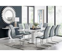Furniturebox Arezzo White High Gloss Extending Dining Table & 8 Elephant Grey Murano Faux Leather Dining Chairs