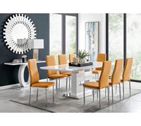Furniturebox Arezzo White High Gloss Extending Dining Table & 8 Mustard Yellow Milan Faux Leather Dining Chairs