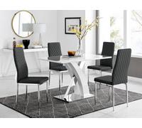 Furniturebox Atlanta White High Gloss And Chrome 4 Seater Dining Table With Statement X Shaped Legs And 4 Black Faux Leather Milan Chairs