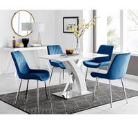 Furniturebox Atlanta White High Gloss And Chrome 4 Seater Dining Table With Statement X Shaped Legs And 4 Navy Velvet Pesaro Chairs