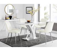 FurnitureboxUK Atlanta White High Gloss & Chrome 4 Seater Dining Table with X Shaped Legs & 4 Soft Velvet Pesaro Chairs in Cream FurnitureboxUK Cream
