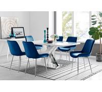 Furniturebox Atlanta White High Gloss And Chrome 6 Seater Dining Table With Statement X Shaped Legs And 6 Navy Velvet Pesaro Chairs