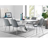 Furniturebox Atlanta White High Gloss And Chrome 6 Seater Dining Table With Statement X Shaped Legs And 6 Grey Velvet Pesaro Chairs