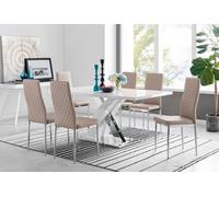 FurnitureboxUK Atlanta Modern Rectangle Chrome Metal High Gloss White Dining Table & 6 Milan Chairs Set in Beige FurnitureboxUK Beige