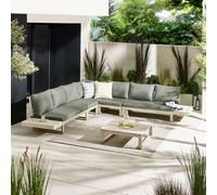 Furniturebox Brisa Wooden Garden Sofa Set - Solid Wood 8 Seat Corner L-Shaped Sofa Coffee Table - Limewash Patio Outdoor Sofa Set
