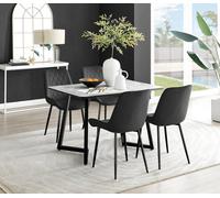 Furniturebox Carson 4 Seater White Marble Effect Rectangular Scratch Resistant Dining Table With 4 Black Pesaro Velvet Black Leg Chairs