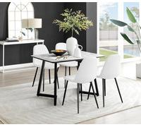 Furniturebox Carson 4 Seater White Marble Effect Rectangular Scratch Resistant Dining Table With 4 White Corona Faux Leather Black Leg Chairs
