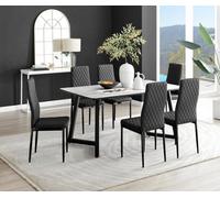 Furniturebox Carson 6 Seater White Marble Effect Rectangular Scratch Resistant Dining Table With 6 Black Milan Faux Leather Black Leg Chairs