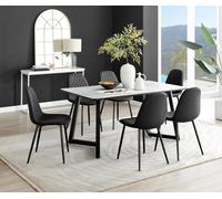 Furniturebox Carson 6 Seater White Marble Effect Rectangular Scratch Resistant Dining Table With 6 Black Corona Faux Leather Black Leg Chairs