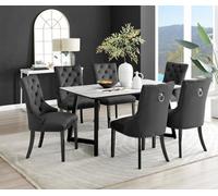 Furniturebox Carson 6 Seater White Marble Effect Rectangular Scratch Resistant Dining Table With 6 Black Belgravia Velvet Black Leg Chairs