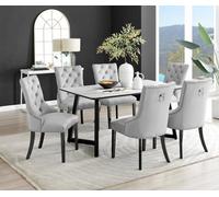 Furniturebox Carson 6 Seater White Marble Effect Rectangular Scratch Resistant Dining Table With 6 Grey Belgravia Velvet Black Leg Chairs