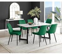 Furniturebox Carson 6 Seater White Marble Effect Rectangular Scratch Resistant Dining Table With 6 Green Pesaro Velvet Black Leg Chairs