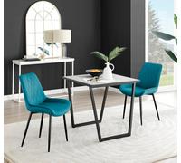 Furniturebox Carson Small 2 Seater White Marble Effect Square Scratch Resistant Dining Table With 2 Blue Pesaro Velvet Black Leg Chairs