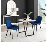 Furniturebox Carson Small 2 Seater White Marble Effect Square Scratch Resistant Dining Table With 2 Navy Pesaro Velvet Black Leg Chairs