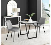 Furniturebox Carson Small 2 Seater White Marble Effect Square Scratch Resistant Dining Table With 2 Grey Pesaro Velvet Black Leg Chairs