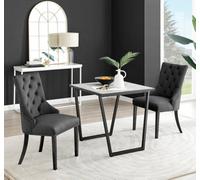 Furniturebox Carson Small 2 Seater White Marble Effect Square Scratch Resistant Dining Table With 2 Black Belgravia Velvet Black Leg Chairs