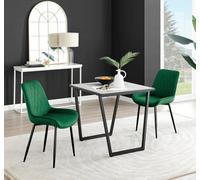 Furniturebox Carson Small 2 Seater White Marble Effect Square Scratch Resistant Dining Table With 2 Green Pesaro Velvet Black Leg Chairs