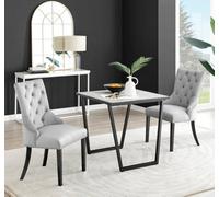 Furniturebox Carson Small 2 Seater White Marble Effect Square Scratch Resistant Dining Table With 2 Grey Belgravia Velvet Black Leg Chairs