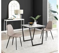 FurnitureboxUK Carson White Marble Effect Square Dining Table & 2 Faux Leather Corona Black Leg Chairs in Beige FurnitureboxUK Beige