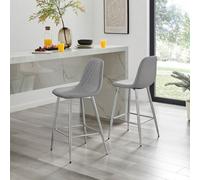 Furniturebox Corona 2X Grey Faux Leather Silver Legs Bar Stools - Breakfast Bar Stools - Kitchen Bar Stools - Bar Chairs