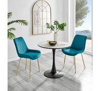 Furniturebox Elina White Marble Effect Round Pedestal Dining Table With Curved Black Support And 2 Blue Velvet Pesaro Gold Leg Chairs