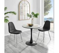 Furniturebox Elina White Marble Effect Round Pedestal Dining Table With Curved Black Support And 2 Black Faux Leather Corona Silver Leg Chairs